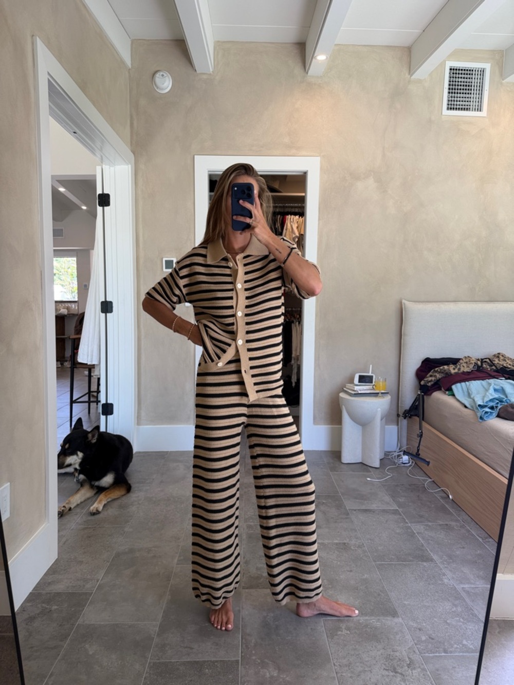 Amazon Beige and Black Striped Button-Down Knit Top